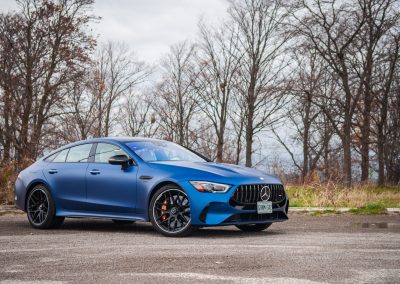 2025 Mercedes-AMG GT 63 S E-Performance 4-Door Coupe front three quarter in satin blue