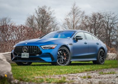 2025 Mercedes-AMG GT 63 S E-Performance 4-Door Coupe front three quarter in satin blue