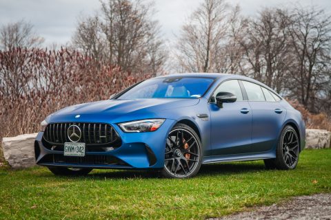 2025 Mercedes-AMG GT 63 S E-Performance 4-Door Coupe front three quarter in satin blue