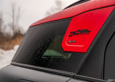 Close-up view of the badges and C-pillar design on the 2025 Mini Countryman JCW