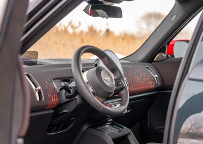 Interior view showing the driver cockpit environment of the 2025 Mini Countryman JCW