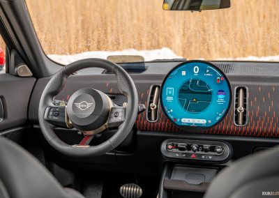 Interior view showing the driver cockpit environment of the 2025 Mini Countryman JCW