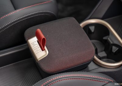 Close-up showing the cupholders and centre console cubby design in the 2025 Mini Countryman SE