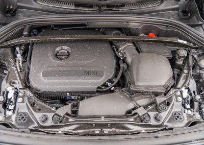 Under-hood view showing the turbocharged four-cylinder engine in the 2025 Mini Countryman JCW