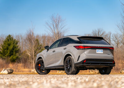 Rear quarter view of a grey 2025 Lexus RX 500h Black Line Special Edition on a sunny day with trees in the background