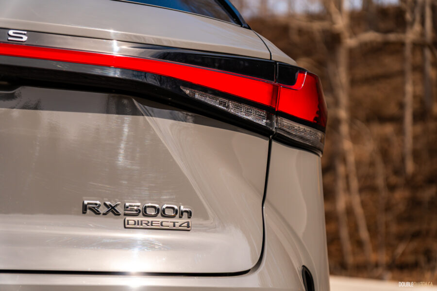 Close-up view of the rear badges on a grey 2025 Lexus RX 500h Black Line Special Edition