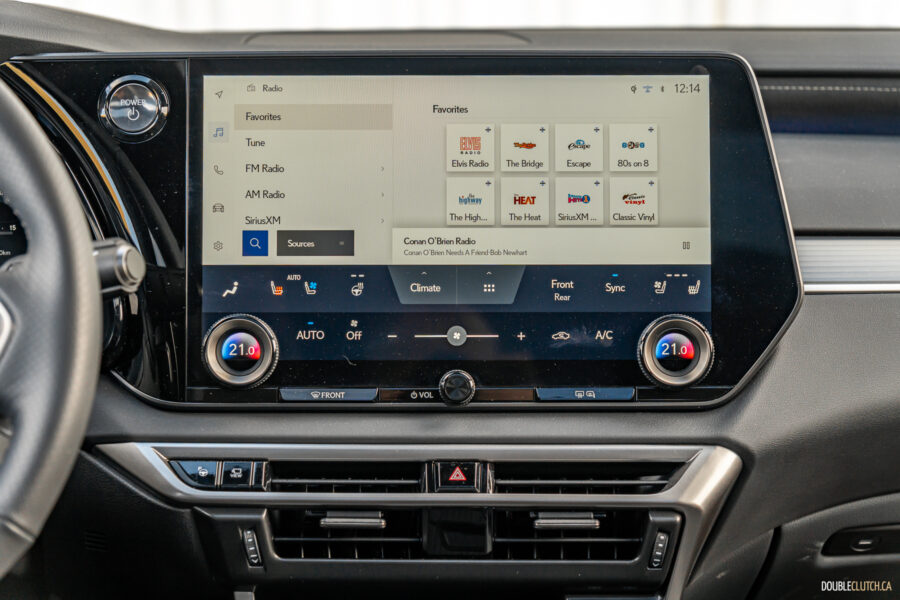 Close-up of the touchscreen infotainment, climate controls, and centre stack in a 2025 Lexus RX 500h Black Line Special Edition