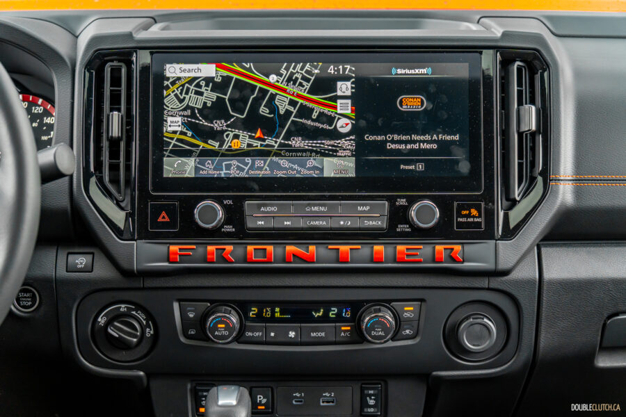 Interior view showing the new, larger infotainment display inside a 2025 Nissan Frontier PRO-4X Luxury