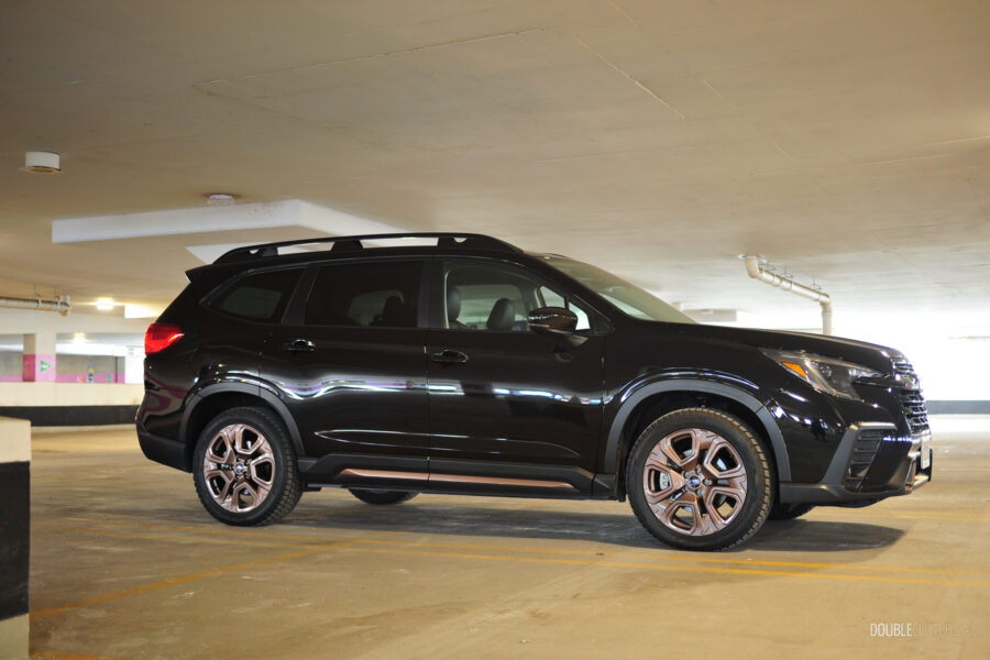 Front quarter view of a black 2025 Subaru Ascent parked in a parking garage
