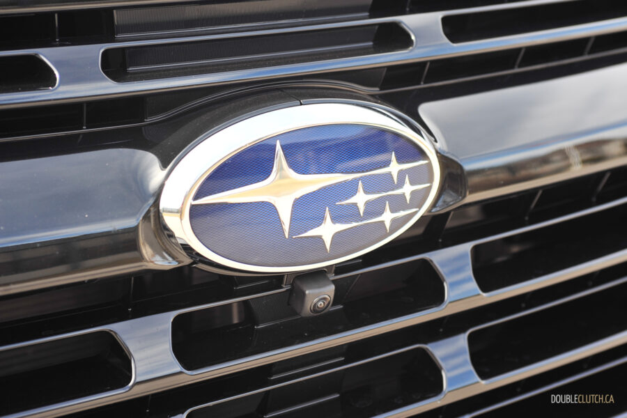 Close-up of the Subaru logo on the front grille of a 2025 Subaru Ascent