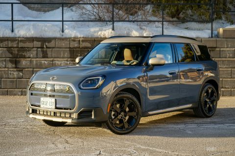 Front quarter view of the 2025 Mini Countryman SE in a parking lot during sunset