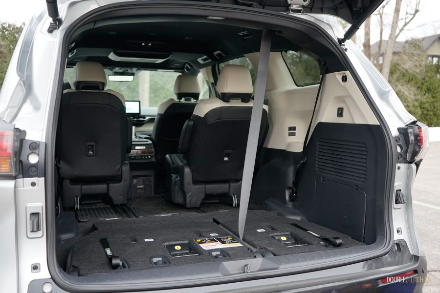 Interior view showing the cargo area with the third row folded inside a 2025 Toyota Sienna