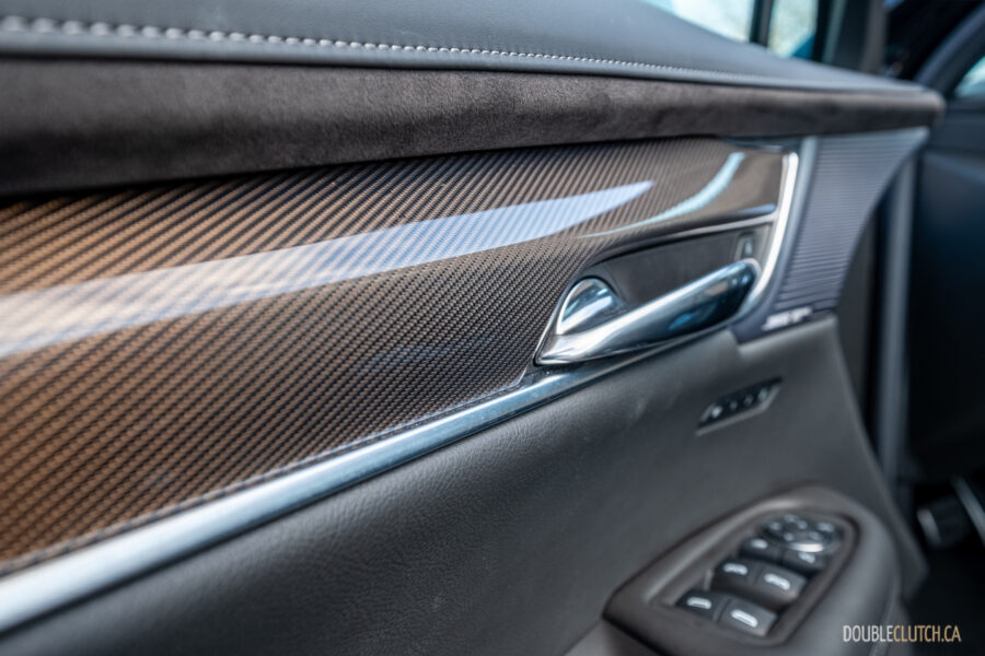 Close-up of the carbon fibre-like interior trim in a 2025 Cadillac XT6
