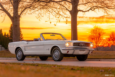 1966 Ford Mustang front quarter view at sunset