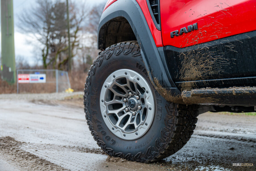 Close-up of the silver beadlock wheels on a 2025 Ram 1500 RHO