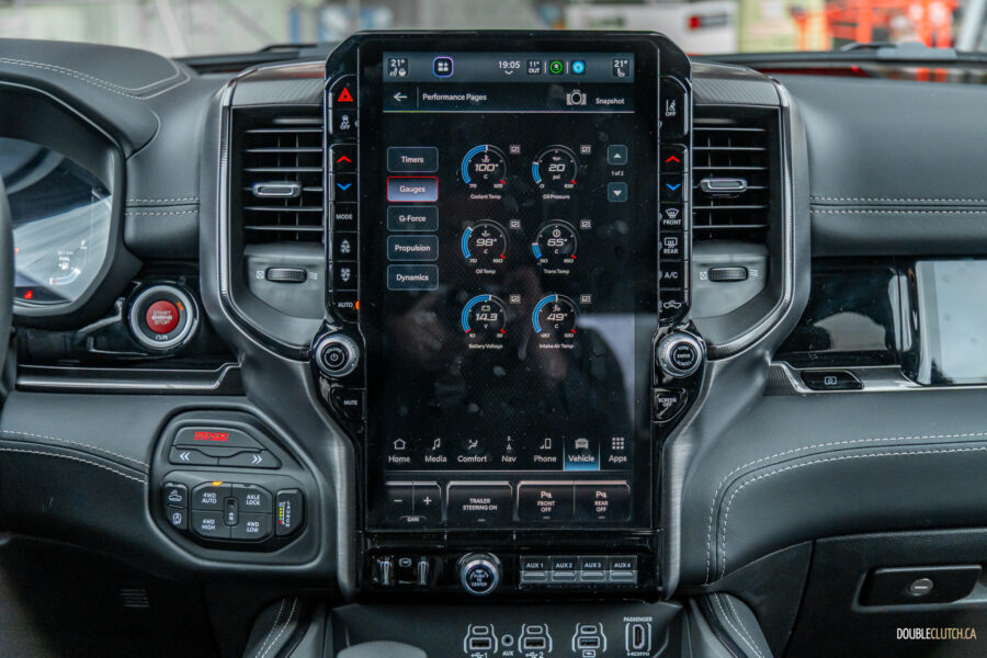 Close-up showing the portrait-oriented touchscreen inside a 2025 Ram 1500 RHO