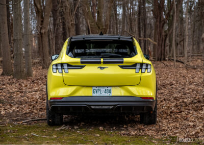Rear view of a yellow 2025 Ford Mustang Mach-E Rally in a forest