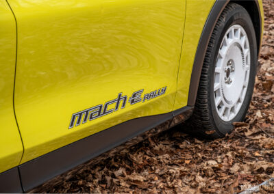 Close-up showing the door graphics on a yellow 2025 Ford Mustang Mach-E Rally