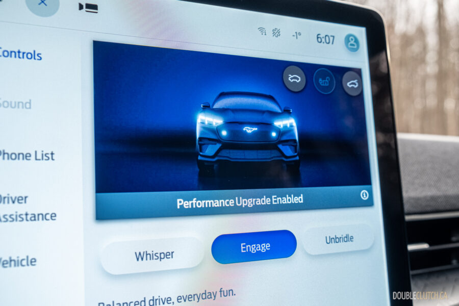 Close-up showing the drive mode settings on the infotainment display in a 2025 Ford Mustang Mach-E Rally