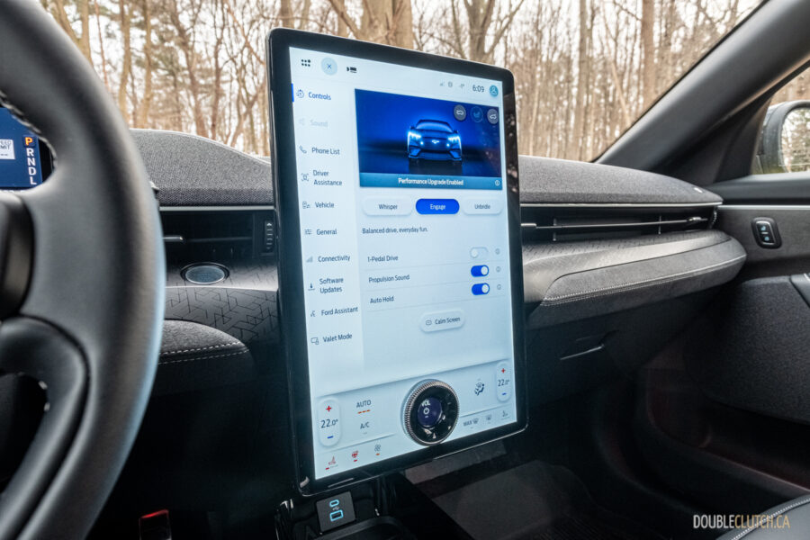 Interior view showing the infotainment display in a 2025 Ford Mustang Mach-E Rally