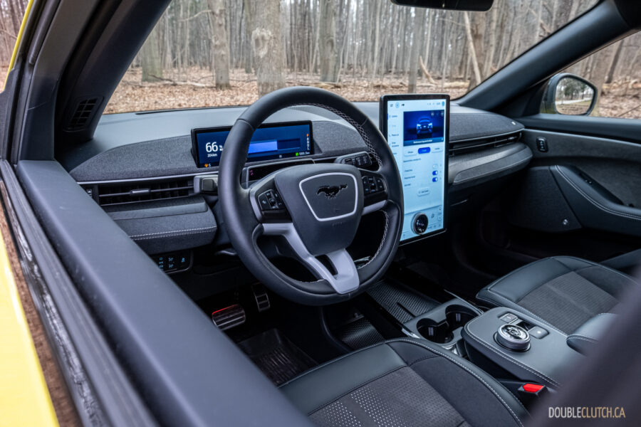 Interior view showing the driver cockpit area in a 2025 Ford Mustang Mach-E Rally