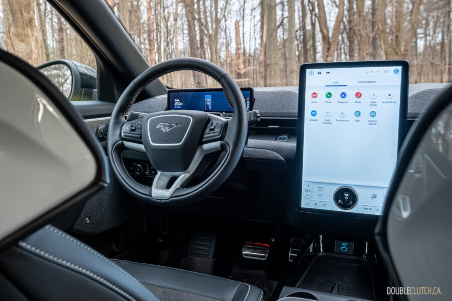 Interior view showing the driver cockpit area in a 2025 Ford Mustang Mach-E Rally