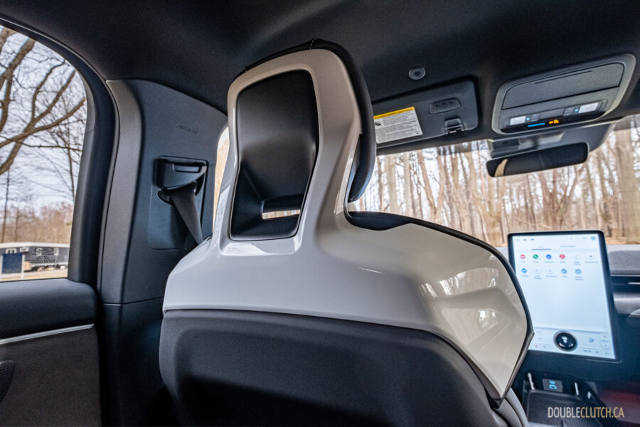 Interior view showing the gloss white trim on the seats of a 2025 Ford Mustang Mach-E Rally