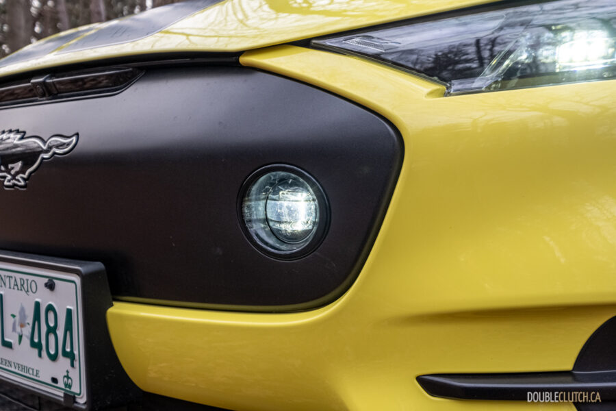 Close-up showing the rally-inspired fog lights on a 2025 Ford Mustang Mach-E Rally