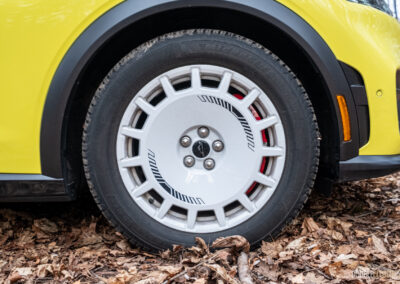 Close-up showing the white wheels on a 2025 Ford Mustang Mach-E Rally