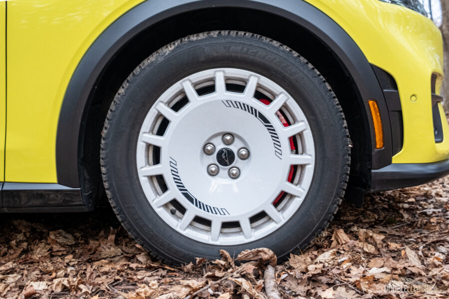 Close-up showing the white wheels on a 2025 Ford Mustang Mach-E Rally
